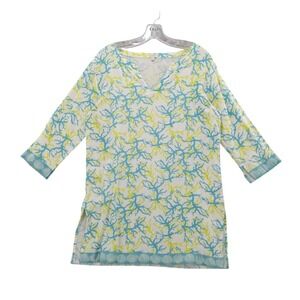 Talbots‎ Tunic Top Cover-Up Coral Print 3/4 Sleeve V-Neck Beach White S